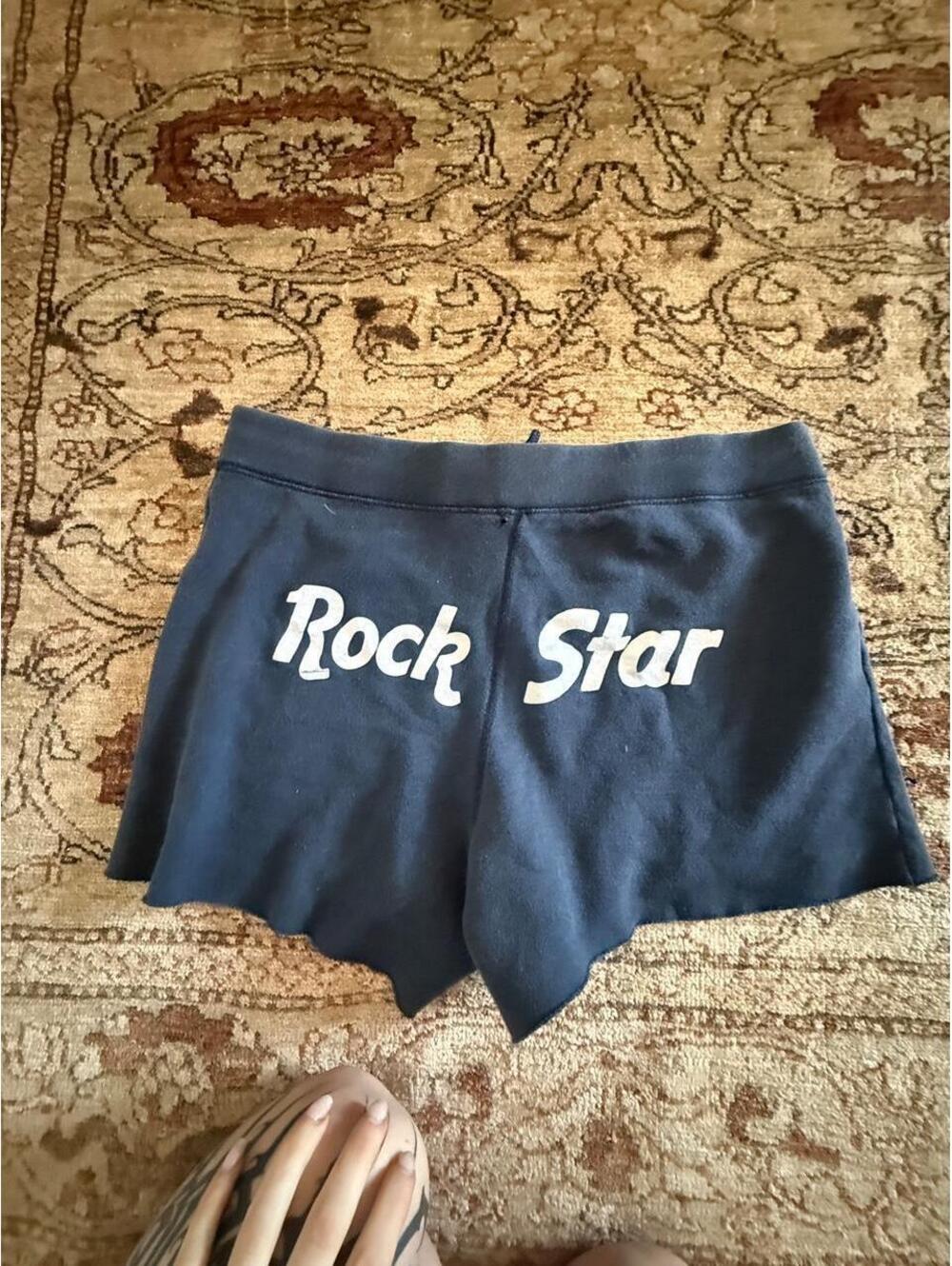 Hard Rock Cafe y2k navy blue shorts with white 'Rock Star' text, size XL